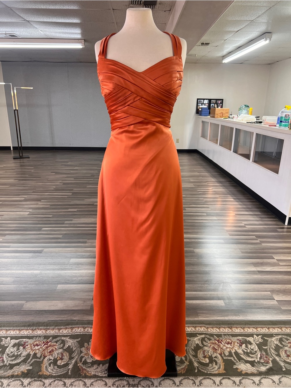 VENUS Charmeuse Halter Persimmon Maxi Dress with Pleated Bodice